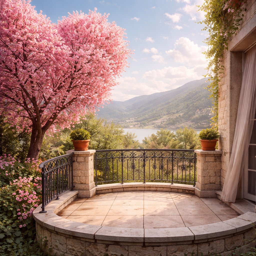 A empty small stone balcony left of it is a heart shaped blossom tree