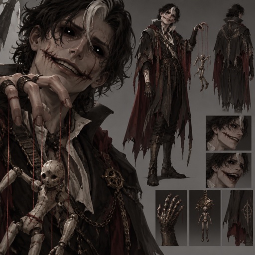 Male villein with puppeteer powers, medium length black hair, white streak in hair, cool outfit, completely black eyes with white pupils, scars, insane, unusually long mouth