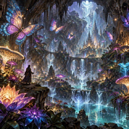 A under ground huge cavern, with giant butterflies, flowers, exotic plants and    