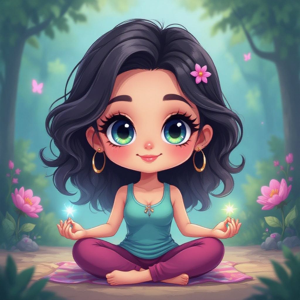 Create a chibi character mid 30’s lady who is the meditating