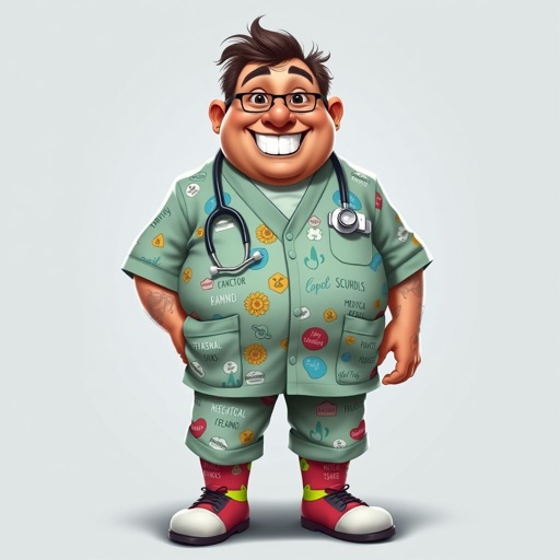 .. create a fat doctor. Who is funny human looking from head to toe. And he always immediately results to surgery for anything even small things. So please be sure to show his whole outfit head to toe. Make him have 1 tooth. Make it more adult humor instead of cartoon humor.