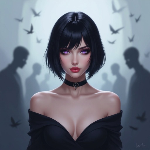 Show her entire body. Create mysterious woman jet-black hair is cut sharp to her jawline, and her violet eyes seem to pierce through darkness. A shadowy aura clings to her form, faint shapes shifting and flickering behind her like whispers of another realm. Show whole body head to toe