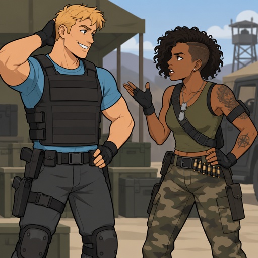 Male, short messy blonde hair, brushed side hair, hair in middle of forehead, smiling, cyan shirt, plain flat bulletproof vest, fingerless gloves, knee pads, belt with gun, Female, African American, curly half shaved short hair, green tank top, camo pants, belt with bullets, fingerless gloves, dog tags, belt across chest, arm strap, tattoos, arguing 