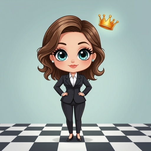 Create a chibi character mid 30’s lady who is in a suite with hands on waste