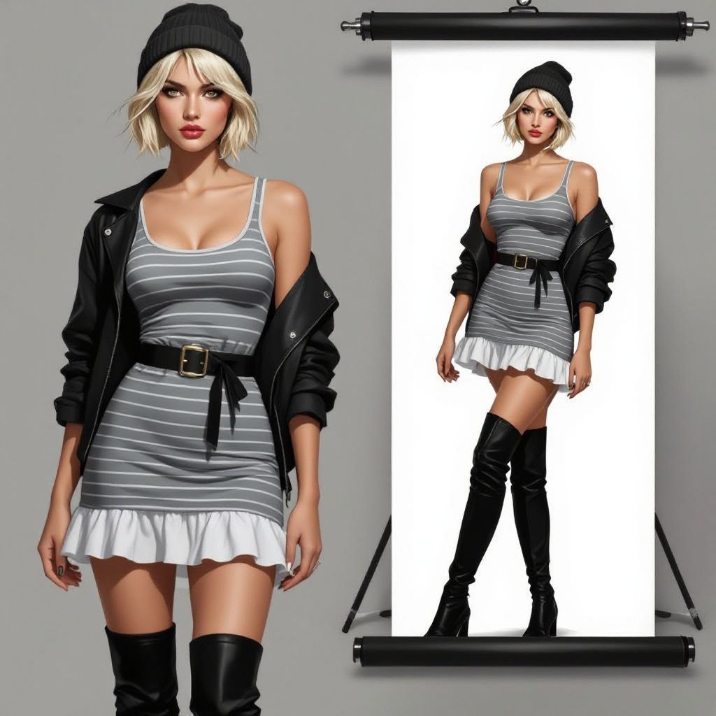 Veronica White wears a gray-striped tank dress with a white ruffled hem, cinched by a black belt. A loose black jacket hangs off her shoulders, paired with thigh-high black boots and a beanie. Her short blonde hair frames sharp eyes and a calm, defiant expression. The look is casual yet edgy—part scientist, part street rebel—hinting at the brilliance and darkness beneath her composed exterior.