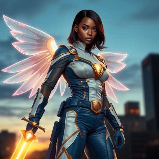 African American female superhero with shoulder length hair in a side part style and holographic wings wearing a homemade leather white and blue suit with gold accents and blue pants with a stylized V as her chest emblem wearing gold flat boots made of gold fire holding a large glowing broadsword in one hand standing in Philadelphia at dusk