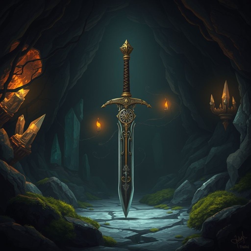 Most powerful ancient magical sword in existence stuck point down in a cave floor. No one is in the cave