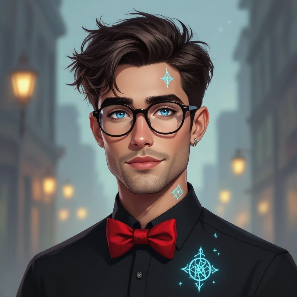 Mężczyzna o krótkich, ciemnobrązowych, włosach. bez zarostu.  niebieskie oczy. Ubrany w czarną koszulę z czerwoną muszką. Duże okulary z szerokimi oprawkami.  Bez Kolczyków. Podłużna twarz. Wysokie czoło, wąskie usta 