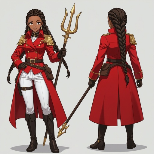 female, human, knight, African American, red double-breasted great coat, braids, thick, chunky, trident, smile, white pants, black boots, belts