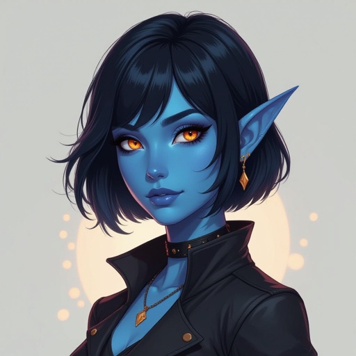 A female tiefling with short black hair in a bob cut with bangs has blue skin and orange eyes, tiefling rogue, female tiefling, blue skinned female, female with black hair, female with orange eyes, tiefling female, female rogue, dnd rogue, dnd female.