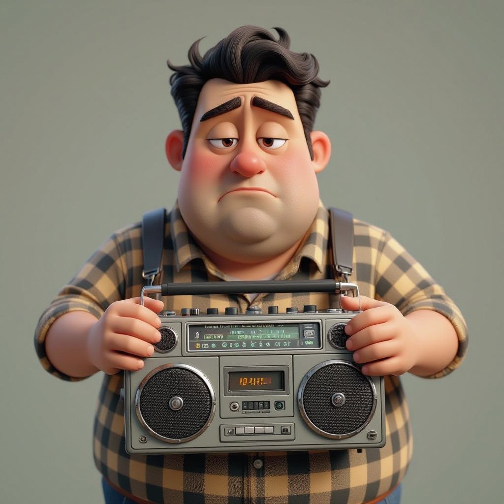 Create a funny fat guy who isnt friendly from New York  has a boom box radio , make it Toy Story graphics  