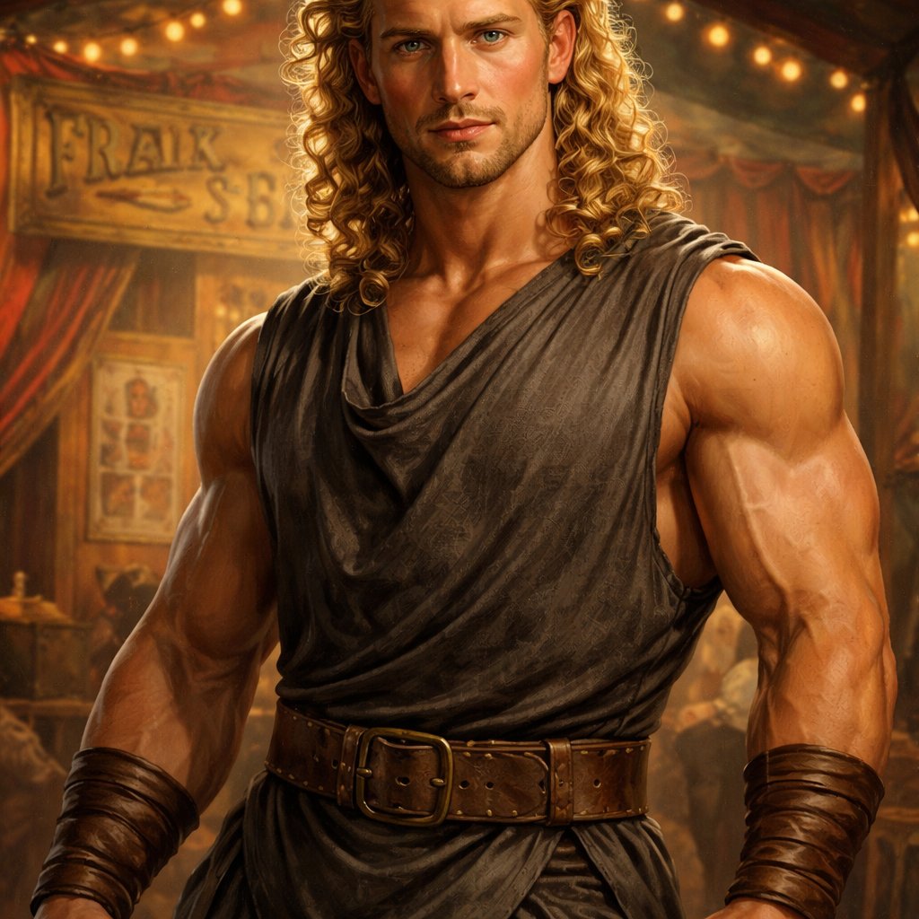 A tall well~proportioned male, so handsome he looks like a Greek god with muscles. With deep-set blue eyes and strong brows, and a peaceful but determined expression on his face. His hairstyle is a thick curly blonde mullet. He works at freak show as a strong man. His outfit consistsed of a Charcoal-toned sleeveless Greek tunic, thick leather belt, leather wristbands/cuffs, brown pants.