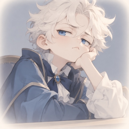 Male, fluffy white hair, big blue eyes, long smile, snobby, wears blue, whiny,