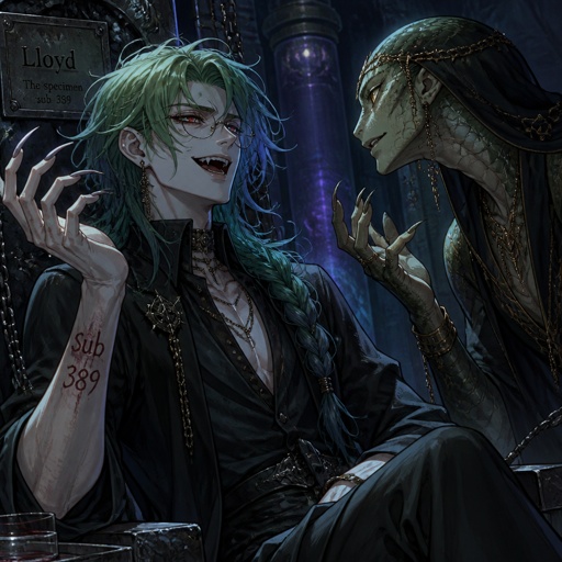 green and blue long hair mysterious Anime white male, name Lloyd, hair messy long one loose braid, black hair with light red stripes, clean shaven,red eyes, long scary fingers spider fangs, glasses, sarcastic, cold, laugh mockingly, traumatized,was a unwillingly experiment many years before getting rescued, no memory of his past, has power of a spider, poisonous makes spider webs with his hands, can communicate and control spiders, on right arm a print says sub 389, doesn't remember anything from his past,very dangerous.snake man is trying to get Lloyd to talk about the experiment he went through, Lloyd coldly says “I have no answer”