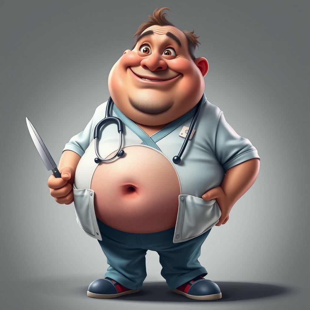 create a fat doctor. Who is funny human looking from head to toe. And he always immediately results to surgery for anything even small things. So please be sure to show his whole outfit head to toe. Make him have 1 tooth. Make it more adult humor instead of cartoon humor.