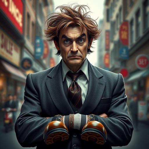 Create a funny looking serious man in the world, with a not so stylish outfit head to toe