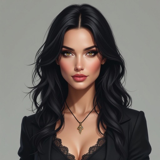 Show character head to toe. Create a mid age fantasy woman jet-black hair is cut sharpand her eyes seem to pierce through darkness. A shadowy aura clings to her form,