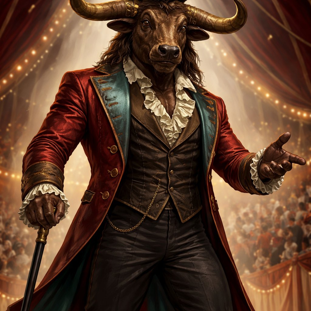 A 6 1/2 foot tall, well~proportioned Minoan male Minotaur with a humanoid-Cretan bull smooched face with deep set bovine brown eyes, long forward-curving horns like his fathers and a bovine tail. His skin and fur being a captivating earthy umber color. He works at freak show as the ringmaster. His outfit consists of a crimson and teal tailcoat, frilly shirt, stunning muted copper blazer, black pants and top hat. His abilities are Reality Rejection, Time Manipulation (Chronokineses), Zoolingualism (Language of Cattle only), Human Speech. His mother is a Minoan with some animal (Aurochs Cattle) physiology and his father is the Cretan Bull.