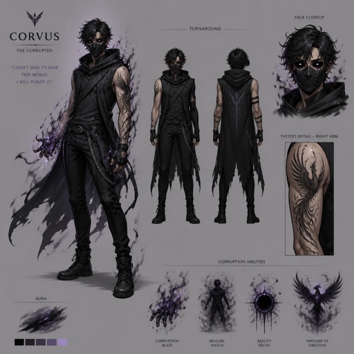 Male superhero with corruption powers, thin, mask, black eyes, phoenix tattoo on arm, unstable