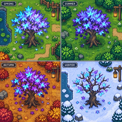 Neon Maple normal maple shape, but glowing cyan/purple leaves for a modern fantasy game, in all the seasons, top down style, more realistic 