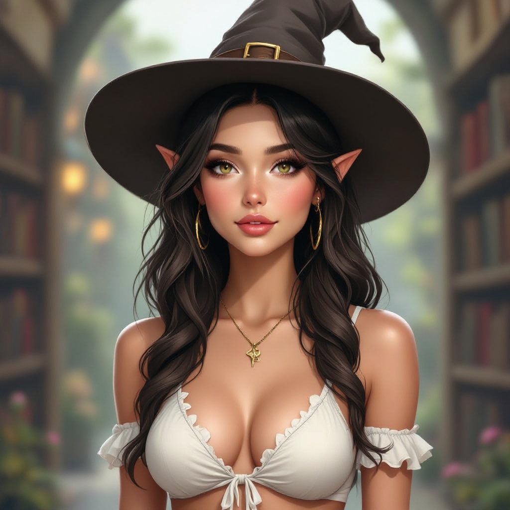 Dark Brown Hair Elf Witch Librariano up in Witches Hat. In Khaki Daisy Dukes and White bathing suit top