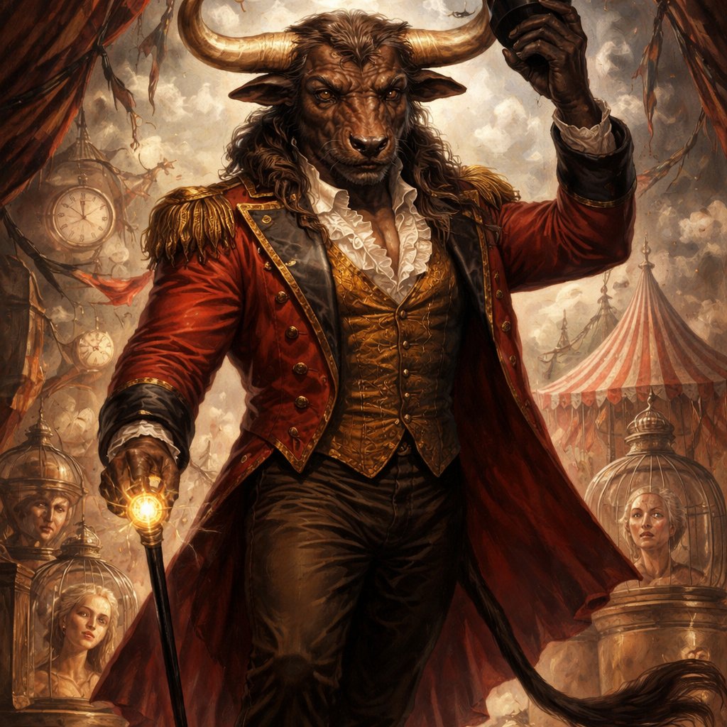A male chestnut brown Minotaur with deep set cattle like brown eyes, large powerful gleaming horns like his fathers, a well~proportioned figure/body at lest 6 foot tall, long tail. He works at freak show as the ringmaster and his abilities are Reality Rejection, Time Manipulation (Chronokineses), Zoolingualism (Language of Cattle only), Human Speech. His mother is a human with half-animal (Cretan Cattle) physiology and his father is a Cretan Bull.