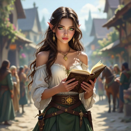 A young human woman. Long brown hair, large green eyes. Pale complexion. Delicate beauty. Holding a book. She's wearing an elegant shirt that reveals her shoulders and an amber necklace with a flower inside. She's wearing long black pants and a green skirt that's shorter in the front. A village is in the background. People are walking by. A dagger at her belt.  Horses are visible. It's daytime. The woman is looking around for someone. realistic atmosphere. More realistic. In the background 