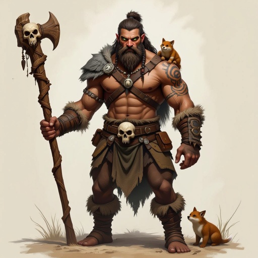 Kael the Beastbound – A rugged, broad-shouldered man with brown skin and a rough beard, wearing armor made from bone and leather. deep green eyes tattoos of animal tracks spiral down his arms. He carries a massive wooden staff carved with the shapes of beasts, and small creatures often perch on his shoulders or follow at his feet.