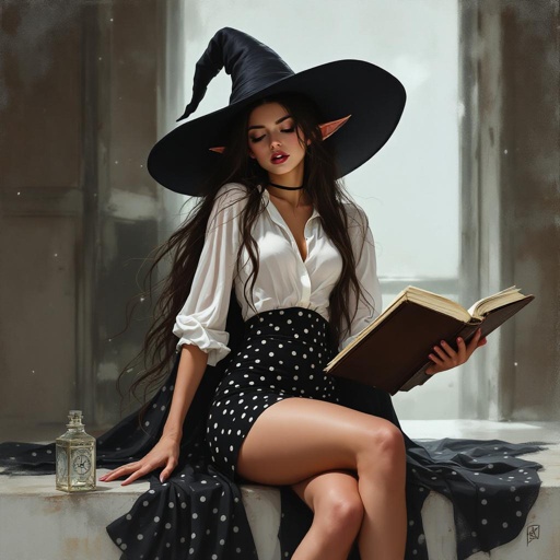 Brunette Elf Wizard Librarian with Long brunette hair in a tight black and white polka dot mini pencil skirt and a white open blouse and a big witches hat. She looks like she’s daydreaming the hottest moment ever