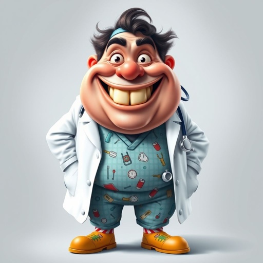 create a fat doctor. Who is funny human looking from head to toe. And he always immediately results to surgery for anything even small things. So please be sure to show his whole outfit head to toe. Make him have funny teeth