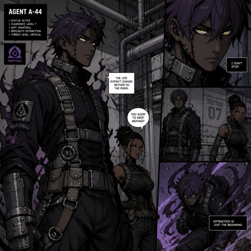Anime style, Agent Ward a male, made in a secret lab to be best weapon and good at everything, highly skilled, be kept in check, emergency backup case he gets out of control, his hair messy bun color violet, clean shaven, yellow night vision eyes, sharp teeth, dark power energy from experiment, tired, tall, eyes sensitive to light, dangerous, intimidating, laugh like a maniac, cares about partner ruby rose she's dark skin serious plays by rules firm,them standing together ruby arguing to wards "stop being intimidating you're going to our suspect a hart attack!" Ward says "job goes faster" starts giggling, ruby warn ward " if you can't take this seriously I'll have to have you go in your room" ward sad expression says"i don't want that" ruby "ok let's do this I have somewhere to be " as a comic