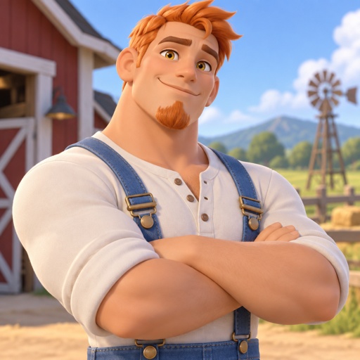 Male, orange short hair, chin goatee, yellow eyes, jean suspenders white shirt , happy, strong 