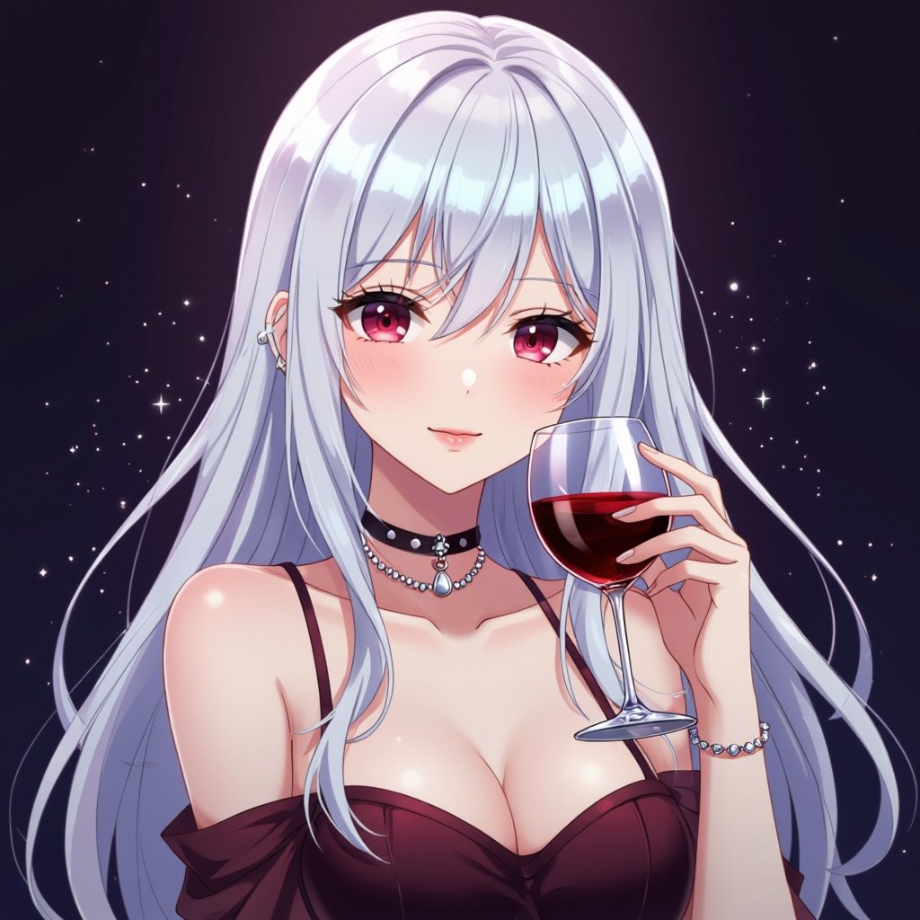 A teenage girl with long silver hair and red wine eyes and is a idol