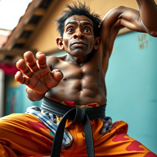 Create a character who looks like a funny African karate guy who doesn’t have a clue what he is doing. Make him have weird toes, only speedos on and a black karate belt. Make him tal skinny and slinky.