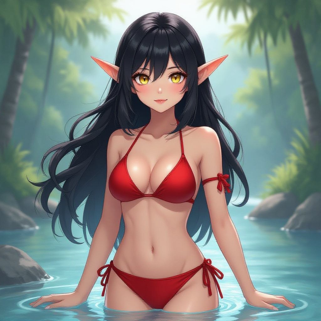 A black haired female elf with yellow cat’s eyes wearing a bikini 