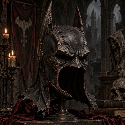 Design me a cowl with a scowl with sharp bat ears and an opening for the mouth 