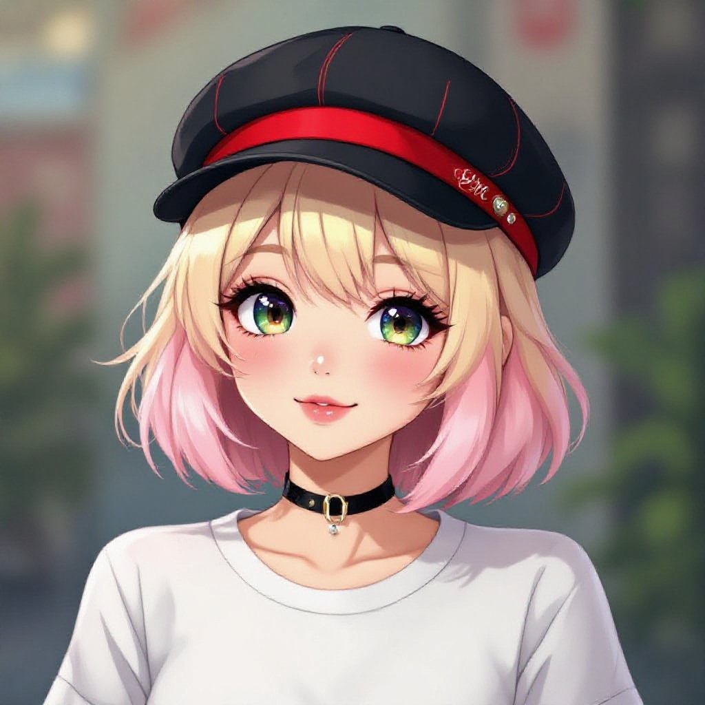 blonde and pink hair in a Bob Cutiefly wearing a stylish black cap with red band and small red stripes 