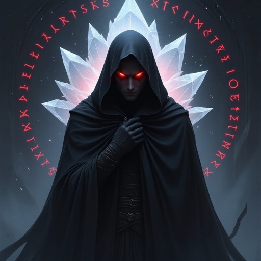 A man in a black cloak hiding his appearance in a veil of darkness behind the veil of his cloak is a single open blood red dragon eye were his left eye would be in the background is a creeping darkness with a shattered crystal resembling a soul