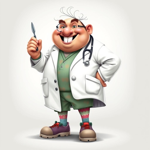 create a fat doctor. Who is funny human looking from head to toe. And he always immediately results to surgery for anything even small things. So please be sure to show his whole outfit head to toe. Make him have 1 tooth