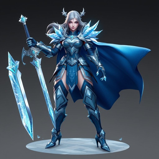 Create a battle woman hero called Alvara the Frostheart. Show full body head to toe including shoes
