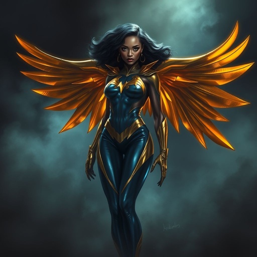 African American female superhero wearing a gold and blue suit with blue pants gold wings and gold boots