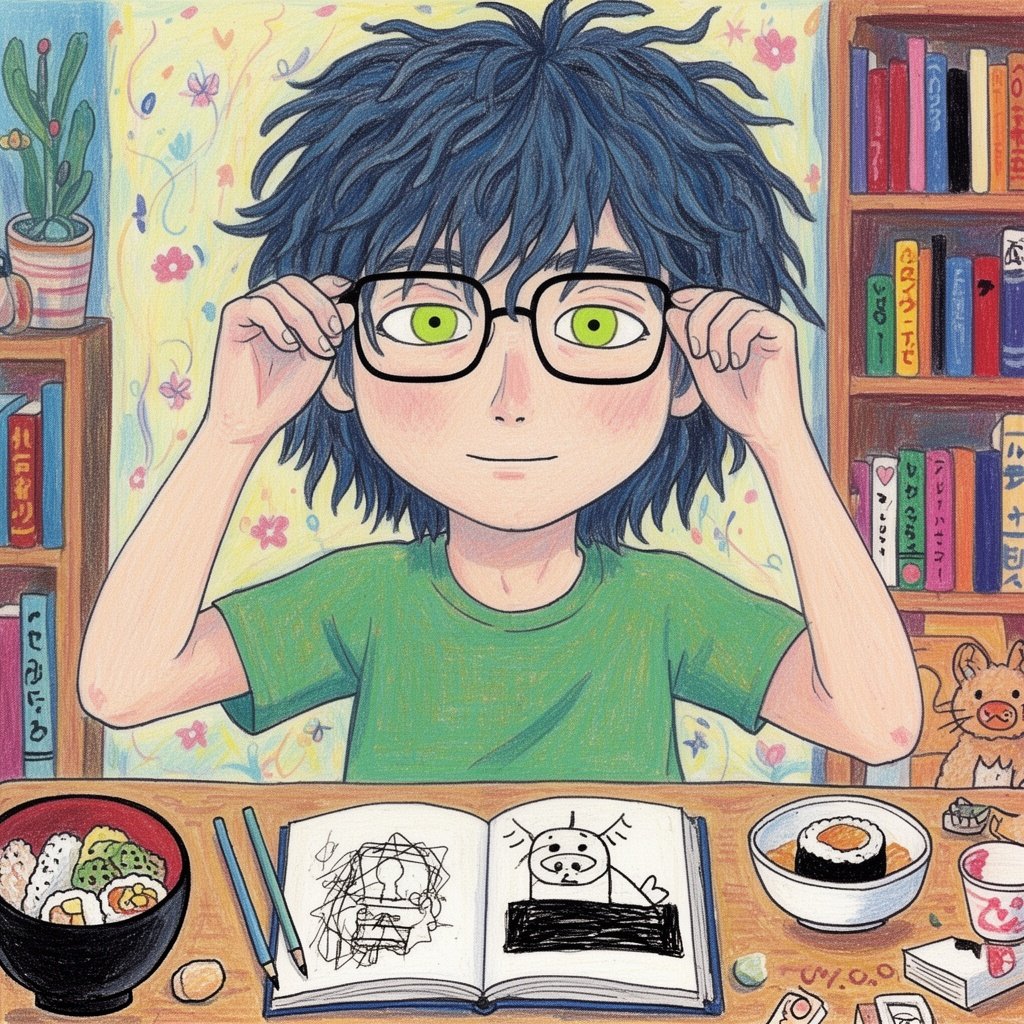 My description: I’m only 20 years old boy and I have these light lime green eyes, messy long darkish blue hair, long glasses, habit with adjusting my glasses, mute, reading books,sketching, loves Japanese foods.