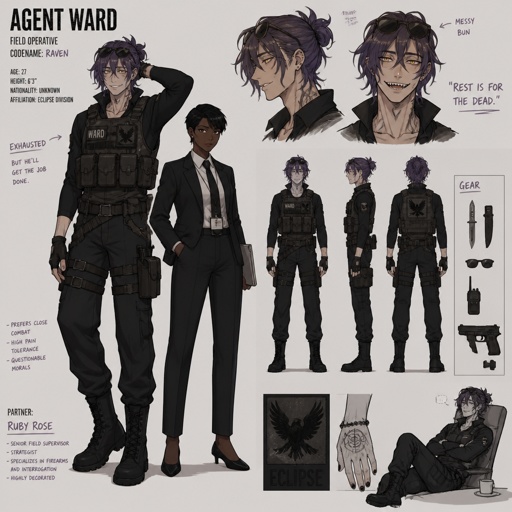 Anime style, Agent Ward, was made in a secret lab to be the best weapon and good at everything, highly skilled in many things, has to be kept in check by the facility and have an emergency backup in case he gets out of control, Wards hair is in a messy loose bun hair color violet, he is clean shaven, has yellow night vision eyes, sharp teeth,he wears sunglasses on his head, has a dark power of death from the experiments, the best agent, he's in his late 20s, tired, tall, eyes are sensitive to light, easily gets migraines, likes making jokes, sassy, reckless mischievous and dangerous,grins, hates being told what to do, intimidating, laugh like a maniac,cares about his partner ruby rose she's dark skin serious plays by the rules and firm but nice to ward them arguing ruby saying that ward needs to stop scaring the suspect so much while ward grins saying “ but it gets the answers out of them more easily”