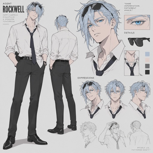 Comic Anime Agent Rockwell very poof up messy hair half side longer and drooped down hair is a light blue skin color white, very bright blue eyes, wears a suit tie is loose, he doesn't wear his jacket his collar to his shirt is uneven sunglasses on his head He's know for his mischievous and reckless behavior but takes missions very seriously is one of the best agents they have Ren is Rockwell's partner is very serious and organized opposite of Rockwell, get very annoyed at Rockwell's behavior they tend to argue with each other but Rockwell is more of having fun