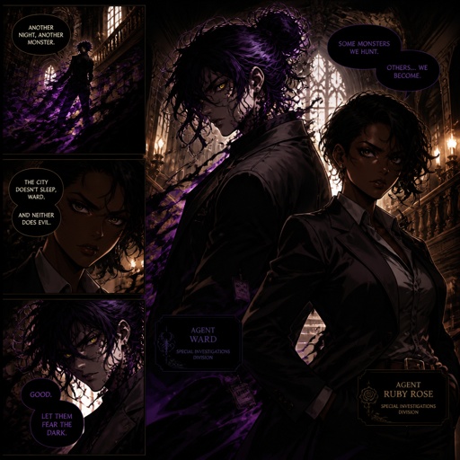 Anime style, Agent Ward a male, made in a secret lab to be best weapon and good at everything, highly skilled, be kept in check, emergency backup case he gets out of control, his hair messy bun color violet, clean shaven, yellow night vision eyes, sharp teeth, dark power energy from experiment, tired, tall, eyes sensitive to light, dangerous, intimidating, laugh like a maniac, cares about partner ruby rose she's dark skin serious plays by rules firm,them standing together ruby arguing to wards "stop being intimidating you're going to our suspect a hart attack!" Ward says "job goes faster" starts giggling, ruby warn ward " if you can't take this seriously l'll have to have you go in your room" ward sad expression says"i don't want that" ruby "ok let's do this I have somewhere to be " as a comic