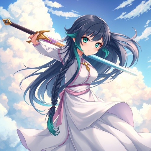A mildly pale teenage girl. Two-piece goddess-like clothing, glowing emerald eyes, hair as black as coal with cyan tips tied up in a long plait weighed down by a legendary sword, levitating above the clouds