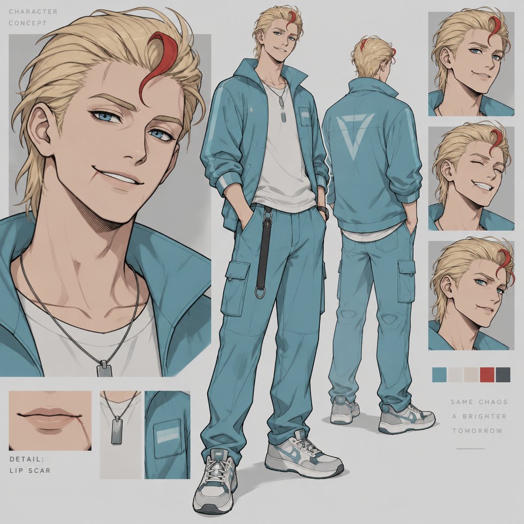 Male, blonde greased brushed back hair, curl on forehead, red streak in hair, scar on lip, blue eyes, slim, designer, cyan casual clothes, smiling, cartoon style
