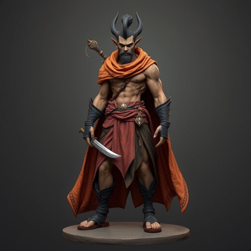 Create handsome hero  Rhen the Fire-Singer – A lean, muscular man. He wears layered, flowing desert robes dyed in warm reds and golds, with scorch marks where flames have licked them. A curved blade hangs at his hip.  Show her whole body head to toe including her shoes.