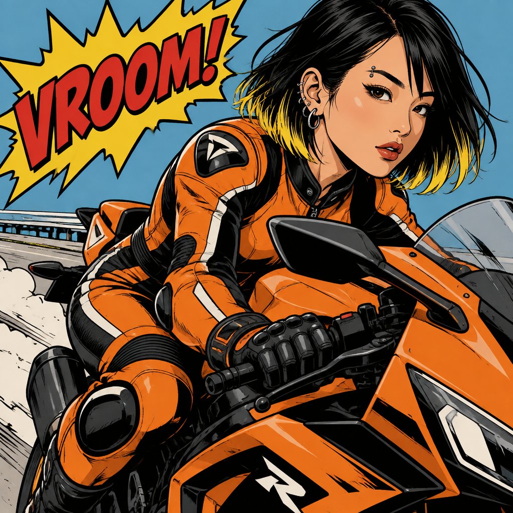 Asian female with straight black neck length hair, yellow tips, side bangs on one side, eyebrow piercing, under eye mascara, ear piercing, motorcycle clothes orange, on a motorcycle posing