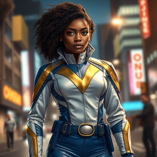 A teenage African American female superhero wearing a domino style mask with slightly curly hair in a shoulder length side part style wearing a polyester and leather White and blue suit with gold accents blue pants and a stylized V as her chest emblem a utility belt and blue boot heel less standing in Philadelphia